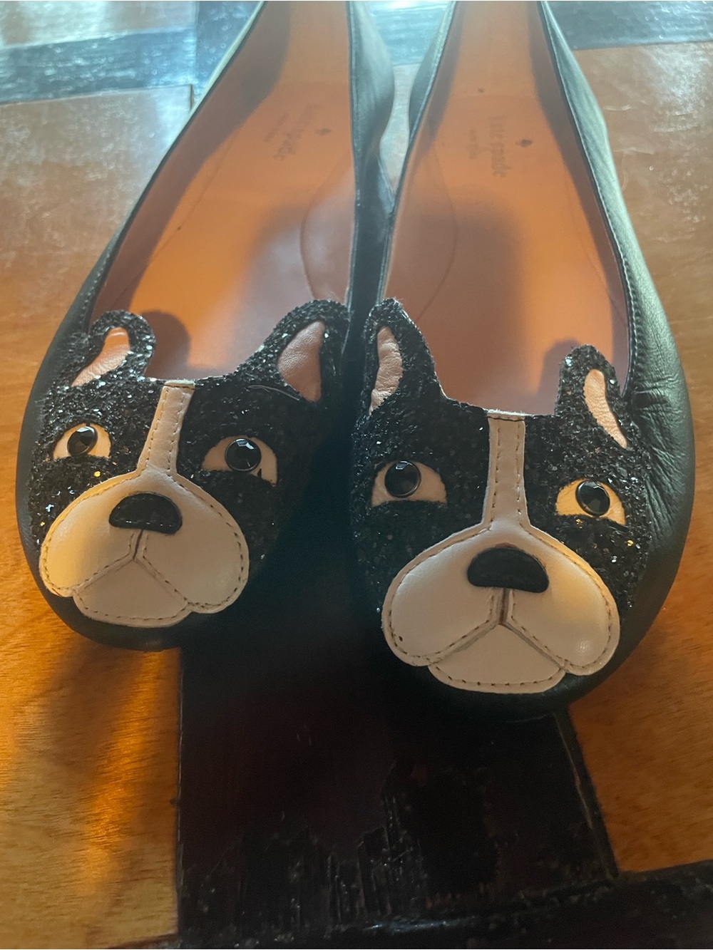 kate spade Black Leather Bulldog Appliqué Flats - Picture 2 of 7